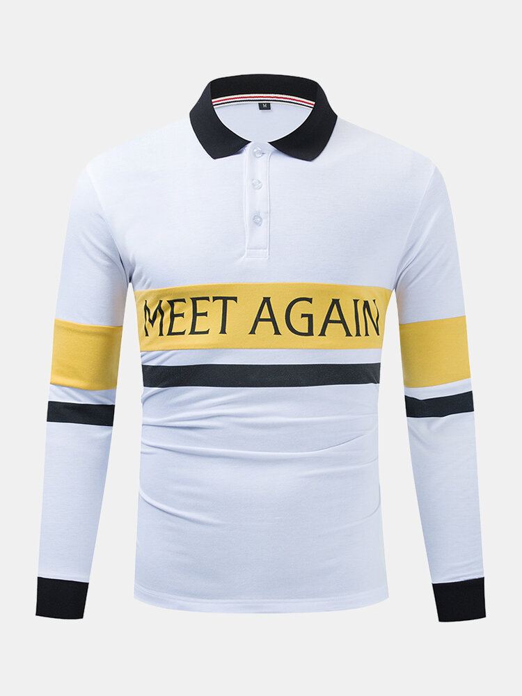 Heren Contrast Patchwork Letter Print 100% Katoen Casual Golf Shirts Met Lange Mouwen