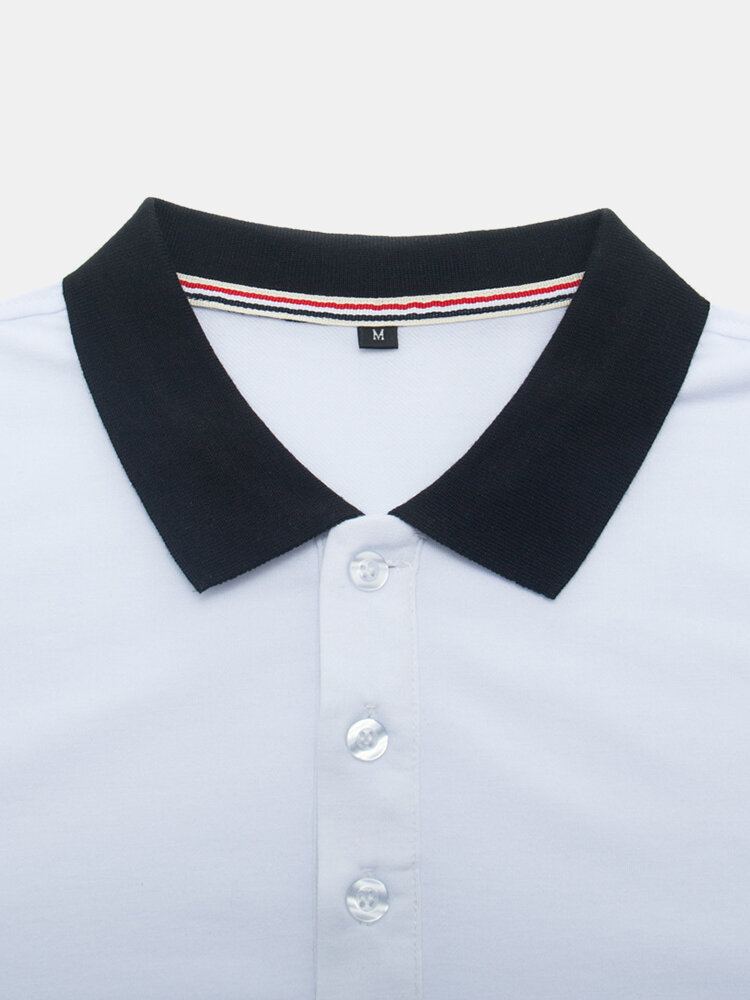 Heren Contrast Patchwork Letter Print 100% Katoen Casual Golf Shirts Met Lange Mouwen