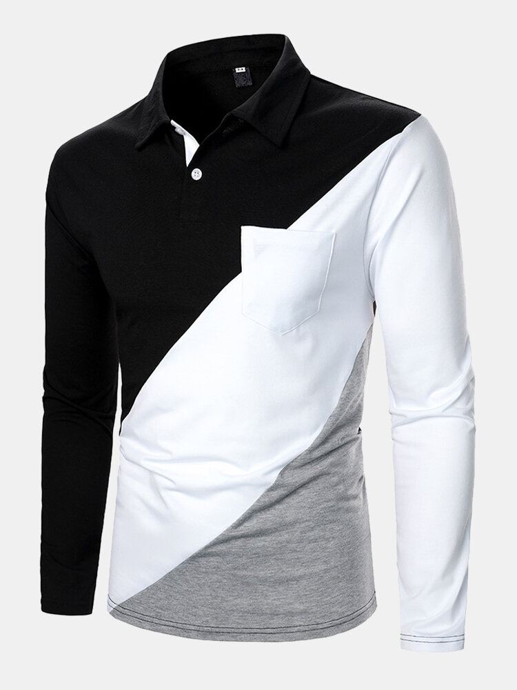 Heren Driekleurige Patchwork Golfshirts Met Lange Mouwen En Borstzak