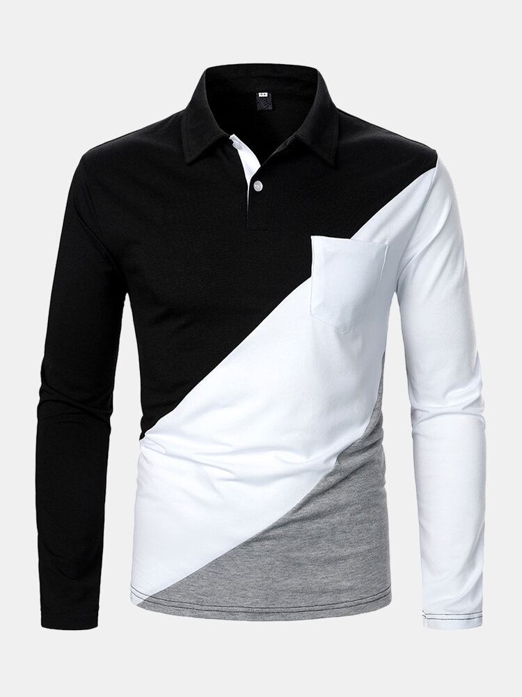 Heren Driekleurige Patchwork Golfshirts Met Lange Mouwen En Borstzak