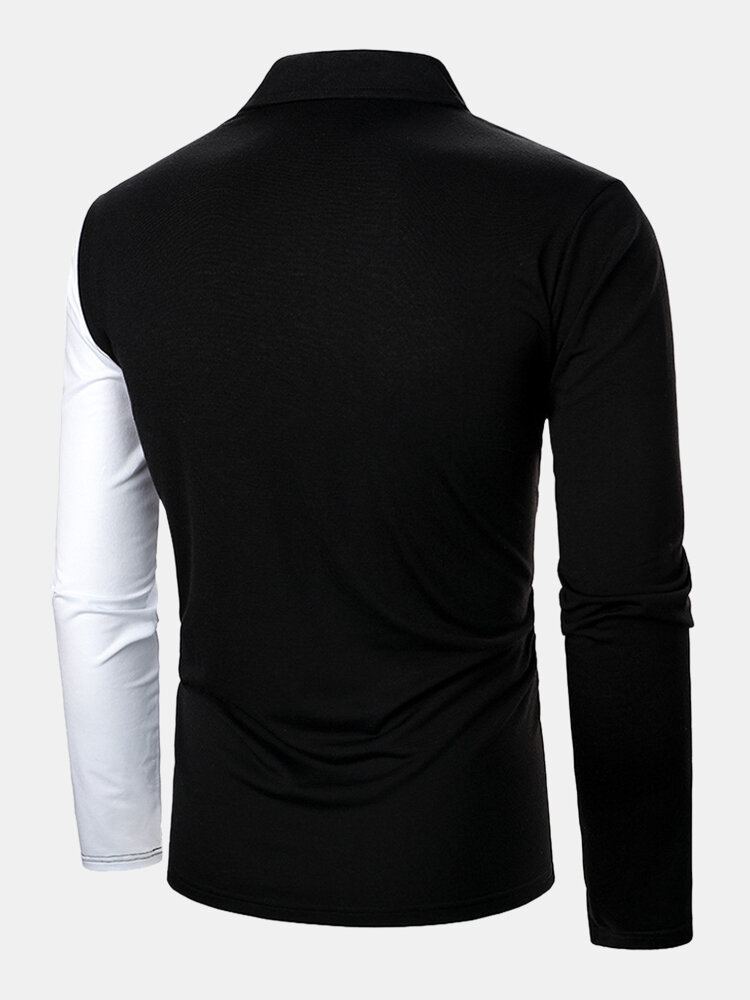 Heren Driekleurige Patchwork Golfshirts Met Lange Mouwen En Borstzak