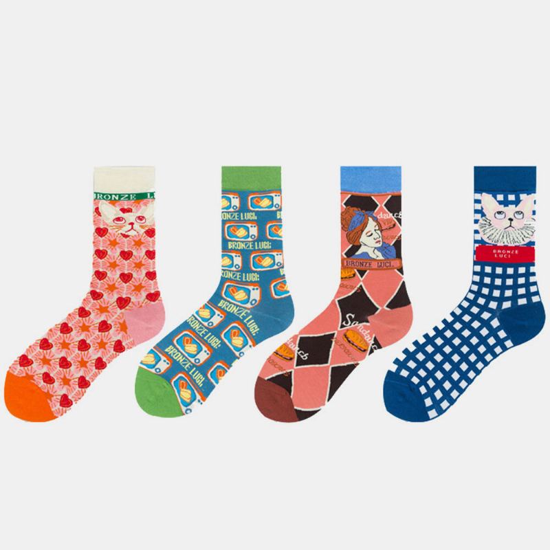 Unisex Japan Stijl Creatieve Illustratie Patchwork Kleur Schattige Paar Buis Sokken