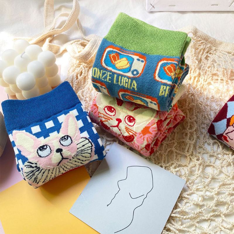 Unisex Japan Stijl Creatieve Illustratie Patchwork Kleur Schattige Paar Buis Sokken