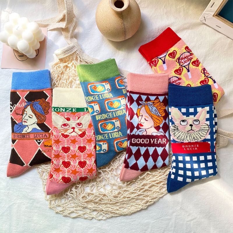 Unisex Japan Stijl Creatieve Illustratie Patchwork Kleur Schattige Paar Buis Sokken