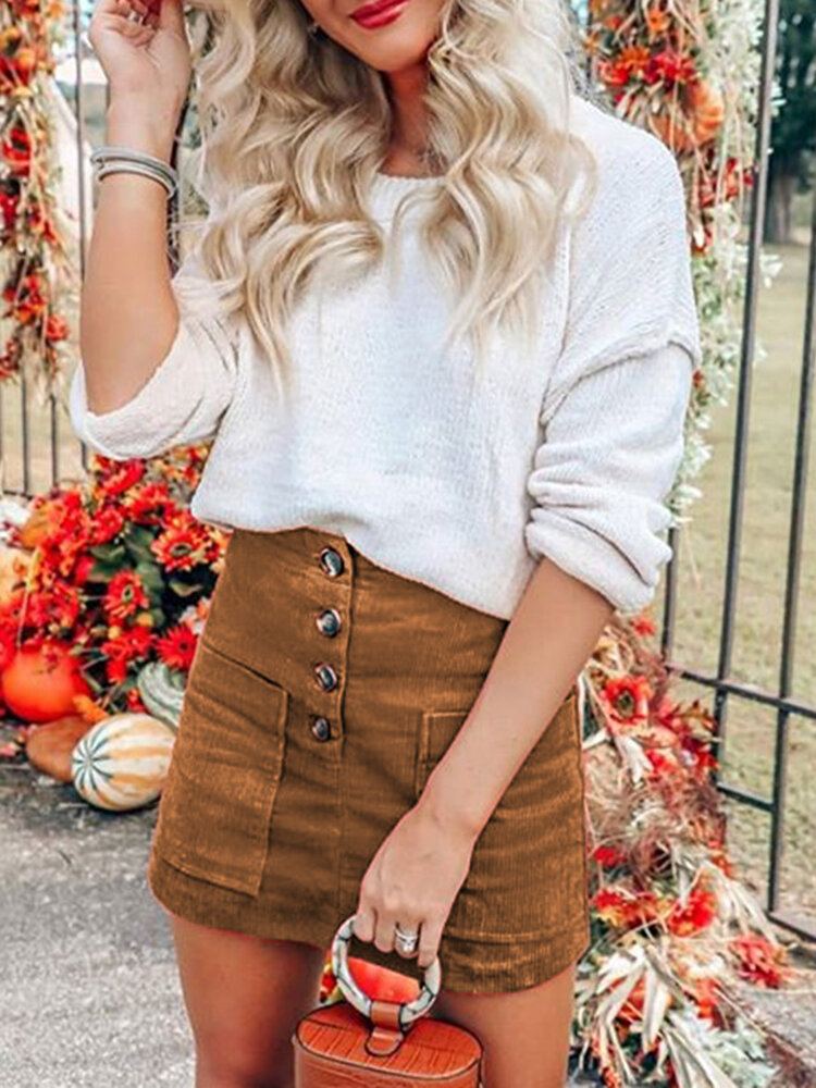 Dames Corduroy Double Pocket Front Button Hoge Taille Effen Mini Rokken