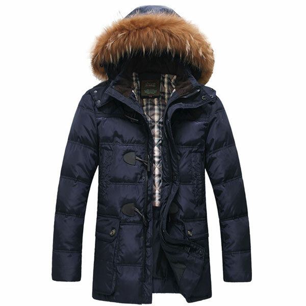 Heren Kwaliteit Hoorn Gesp Hooded Warme Lange Donsjack Jas