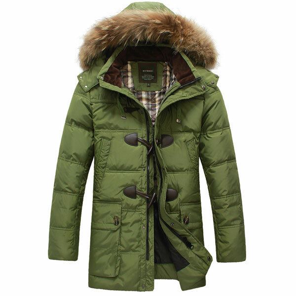 Heren Kwaliteit Hoorn Gesp Hooded Warme Lange Donsjack Jas