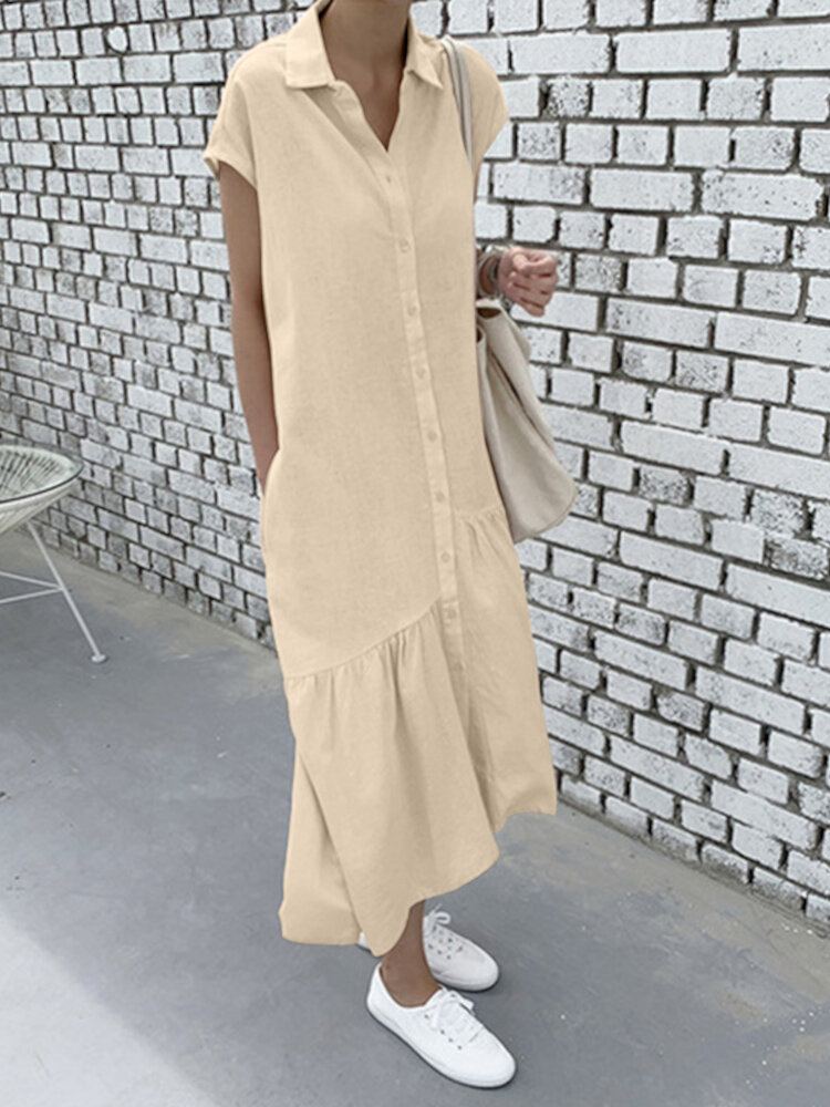 100% Katoenen Effen Ruches Zoom Casual Bohemien Jurk Voor Dames