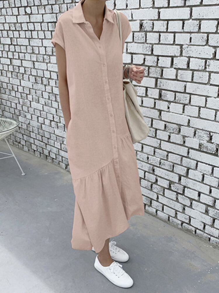 100% Katoenen Effen Ruches Zoom Casual Bohemien Jurk Voor Dames