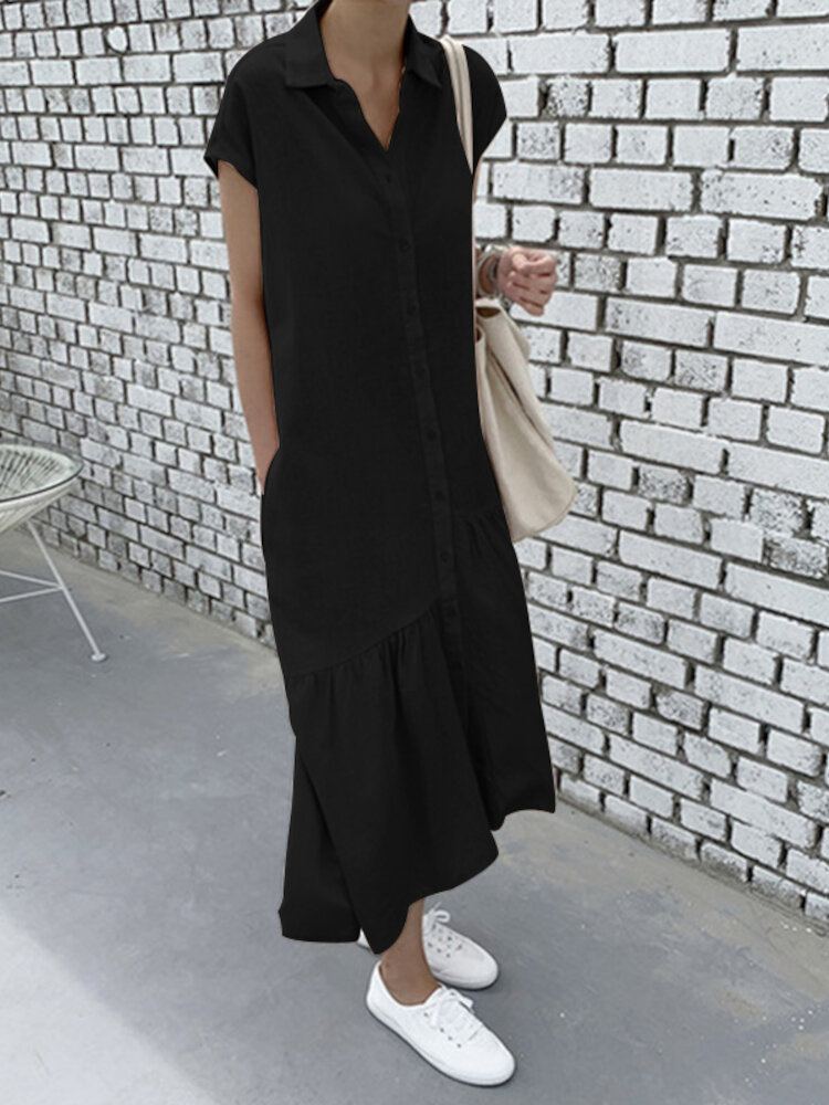 100% Katoenen Effen Ruches Zoom Casual Bohemien Jurk Voor Dames