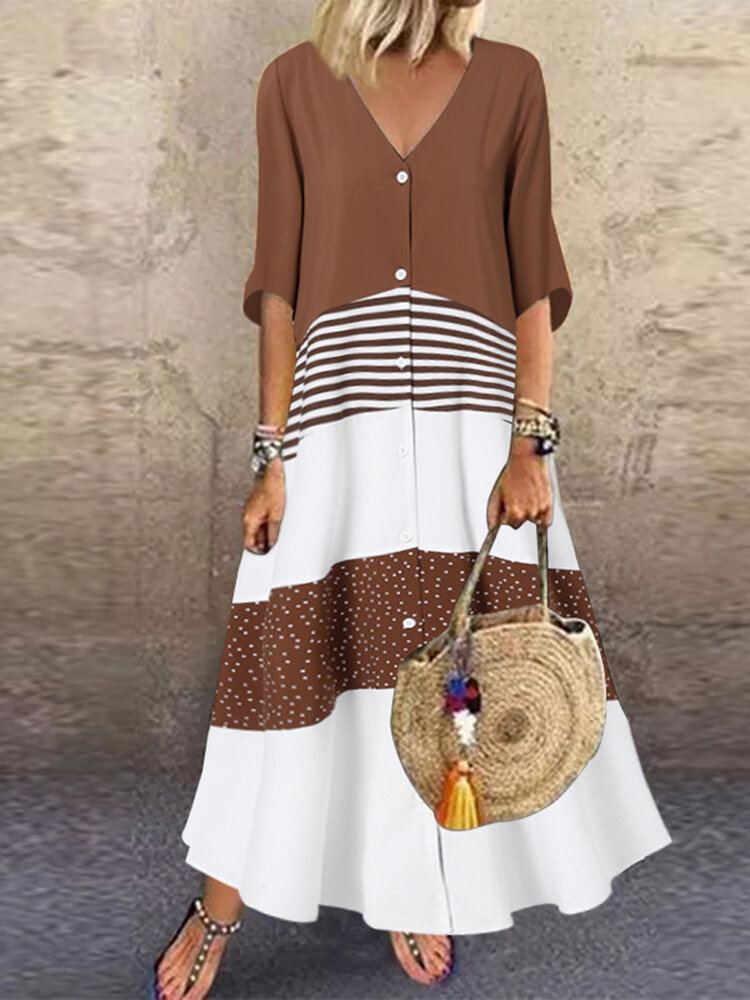 Bohemian Polka Dot Streep Contrast Kleur Print Patchwork Vakantie Maxi Jurk