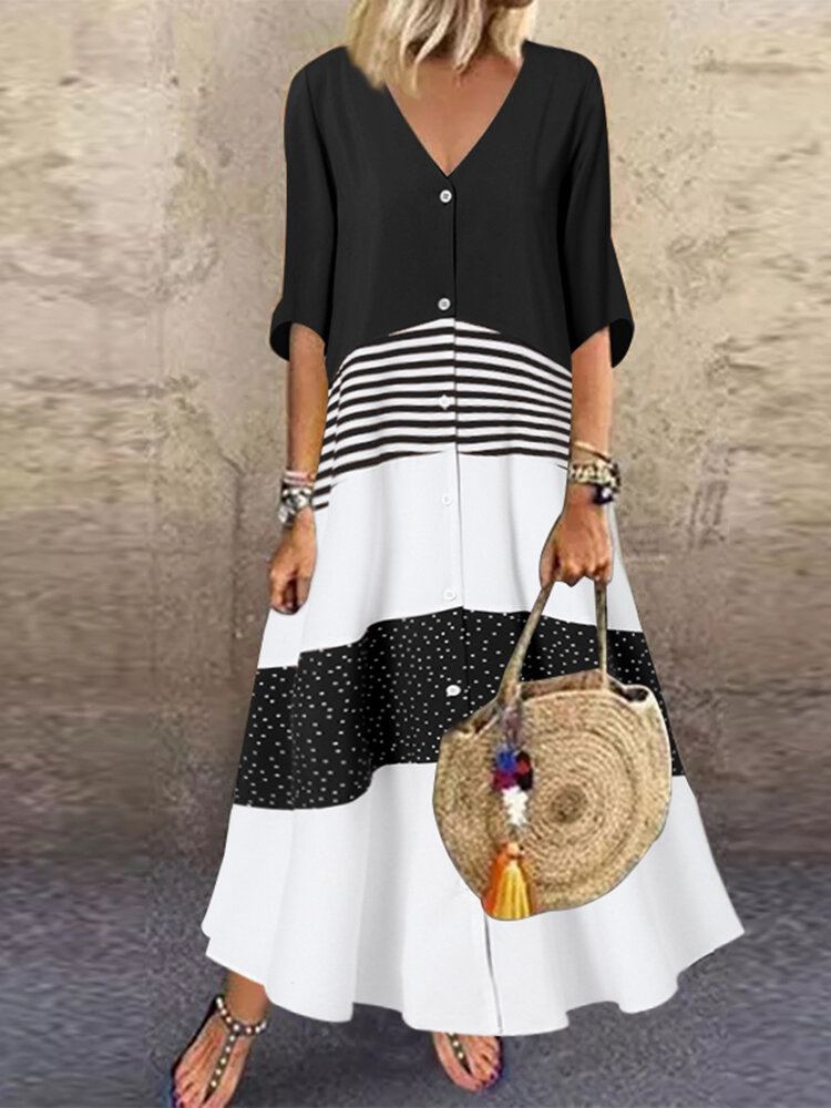 Bohemian Polka Dot Streep Contrast Kleur Print Patchwork Vakantie Maxi Jurk