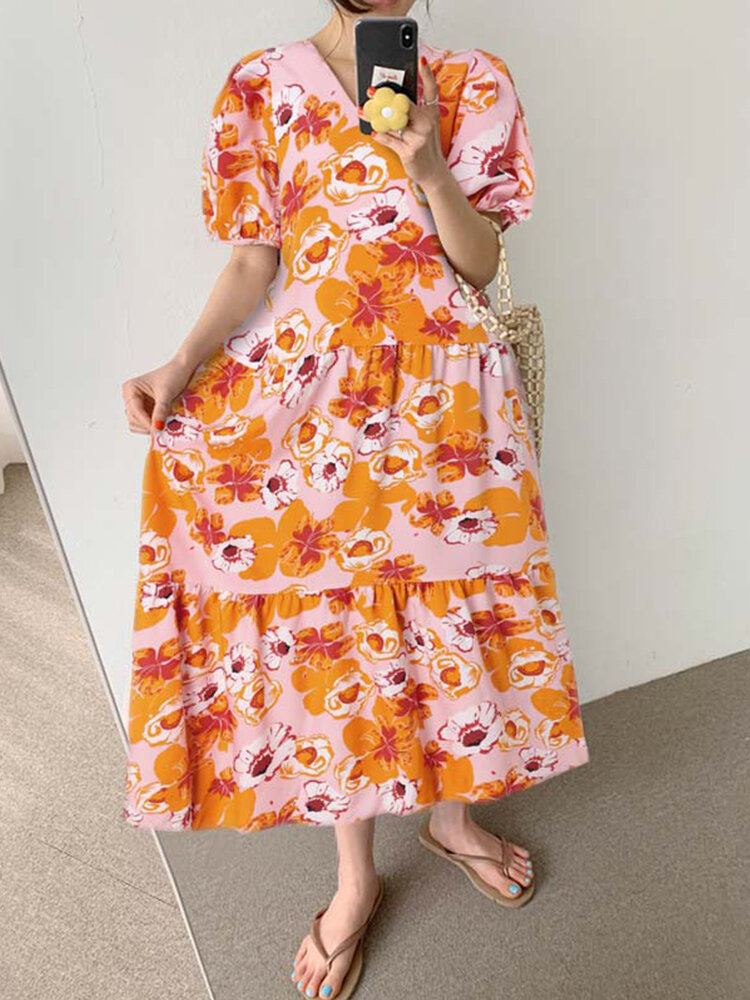 Bohemian Puff Sleeve Bloemen Splicing V-hals Leisure Maxi Losse Jurk Voor Dames