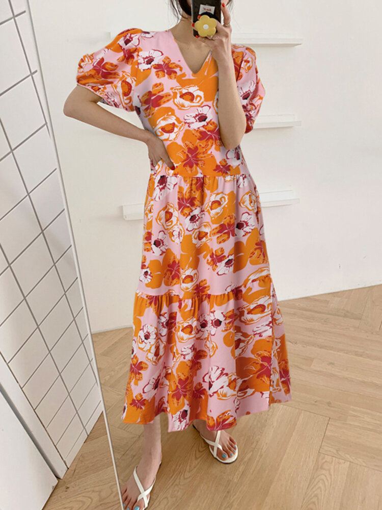 Bohemian Puff Sleeve Bloemen Splicing V-hals Leisure Maxi Losse Jurk Voor Dames