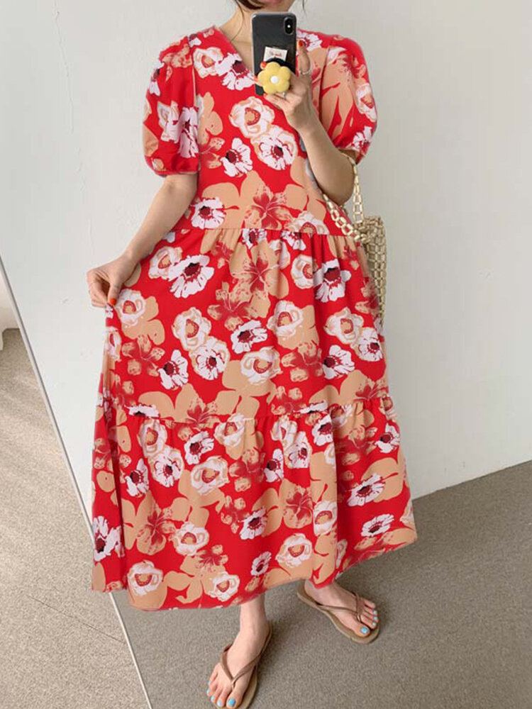 Bohemian Puff Sleeve Bloemen Splicing V-hals Leisure Maxi Losse Jurk Voor Dames
