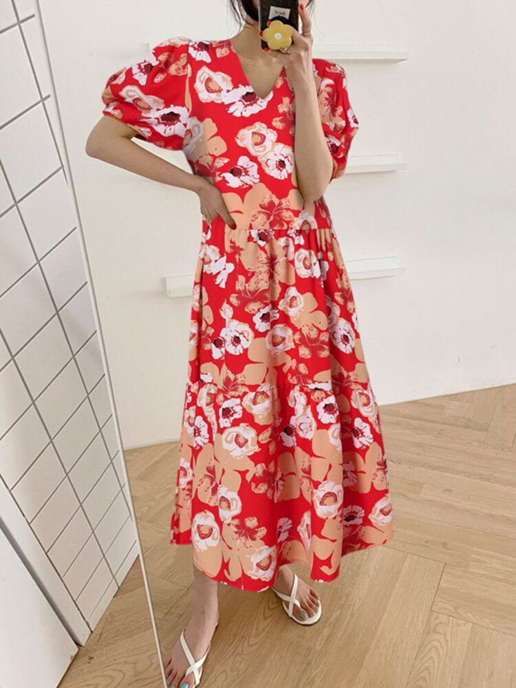 Bohemian Puff Sleeve Bloemen Splicing V-hals Leisure Maxi Losse Jurk Voor Dames