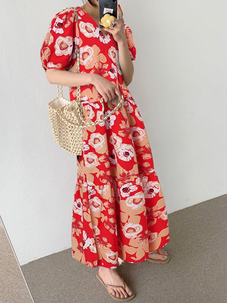 Bohemian Puff Sleeve Bloemen Splicing V-hals Leisure Maxi Losse Jurk Voor Dames