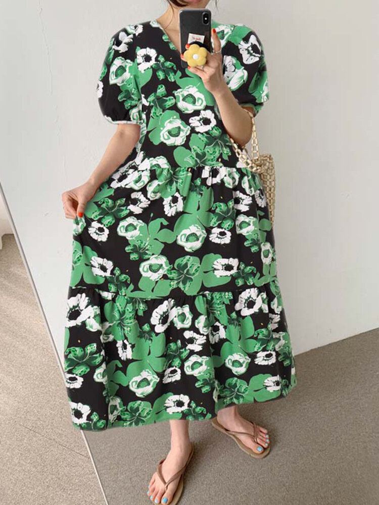 Bohemian Puff Sleeve Bloemen Splicing V-hals Leisure Maxi Losse Jurk Voor Dames