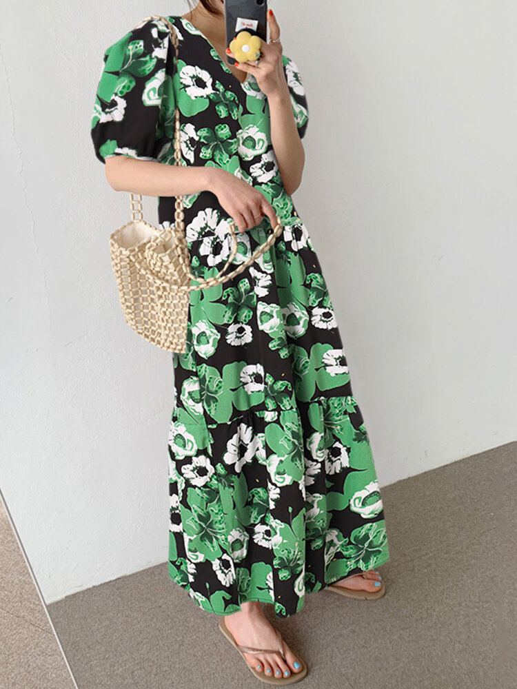Bohemian Puff Sleeve Bloemen Splicing V-hals Leisure Maxi Losse Jurk Voor Dames