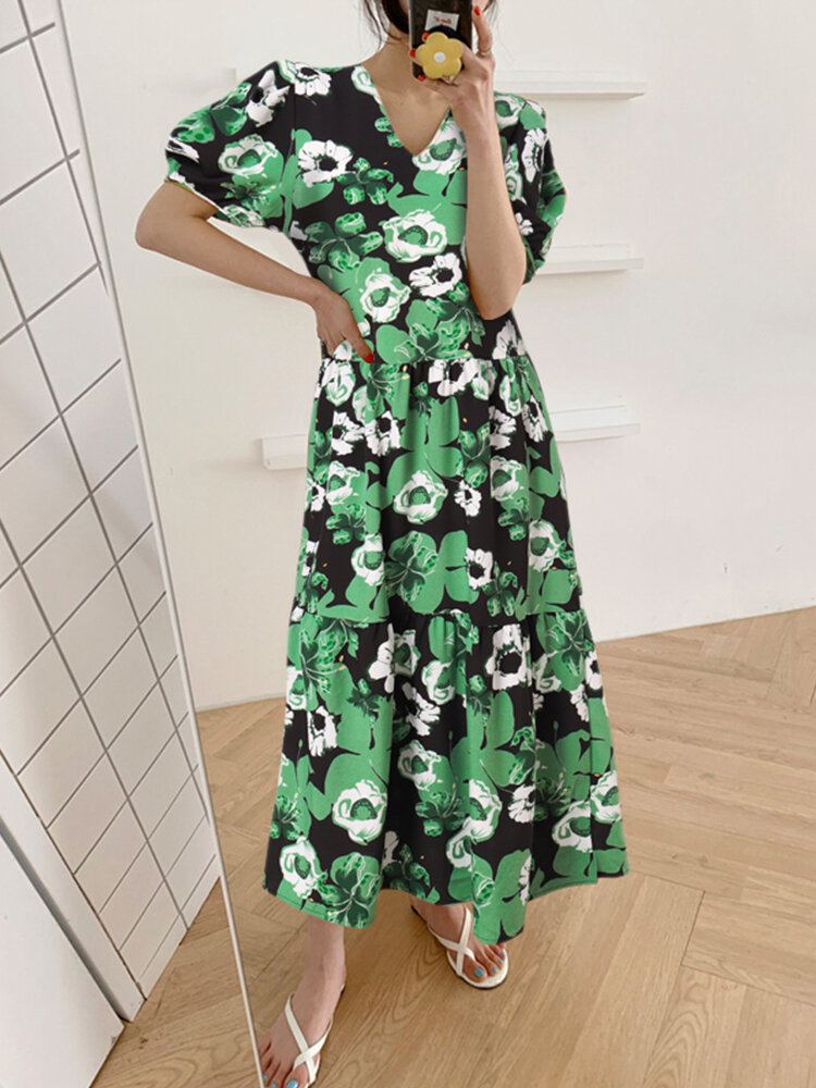 Bohemian Puff Sleeve Bloemen Splicing V-hals Leisure Maxi Losse Jurk Voor Dames