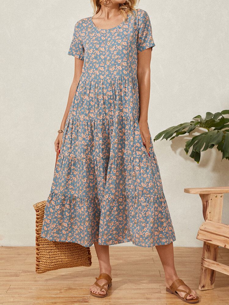 Casual Bloemenprint Patchwork O-hals Korte Mouw Geplooide Vakantie Maxi-jurk Voor Dames