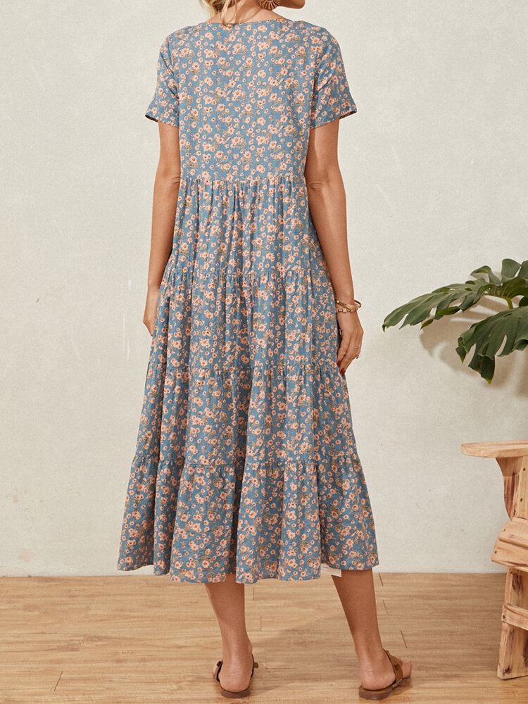 Casual Bloemenprint Patchwork O-hals Korte Mouw Geplooide Vakantie Maxi-jurk Voor Dames