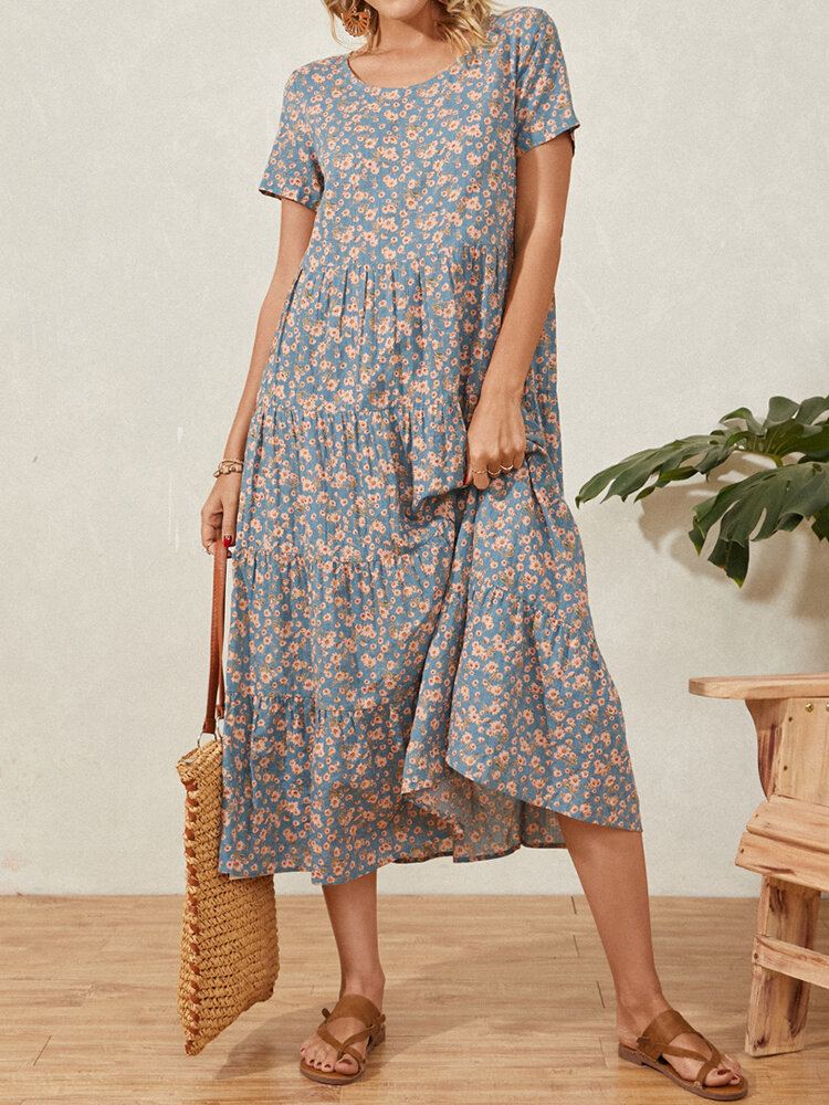 Casual Bloemenprint Patchwork O-hals Korte Mouw Geplooide Vakantie Maxi-jurk Voor Dames