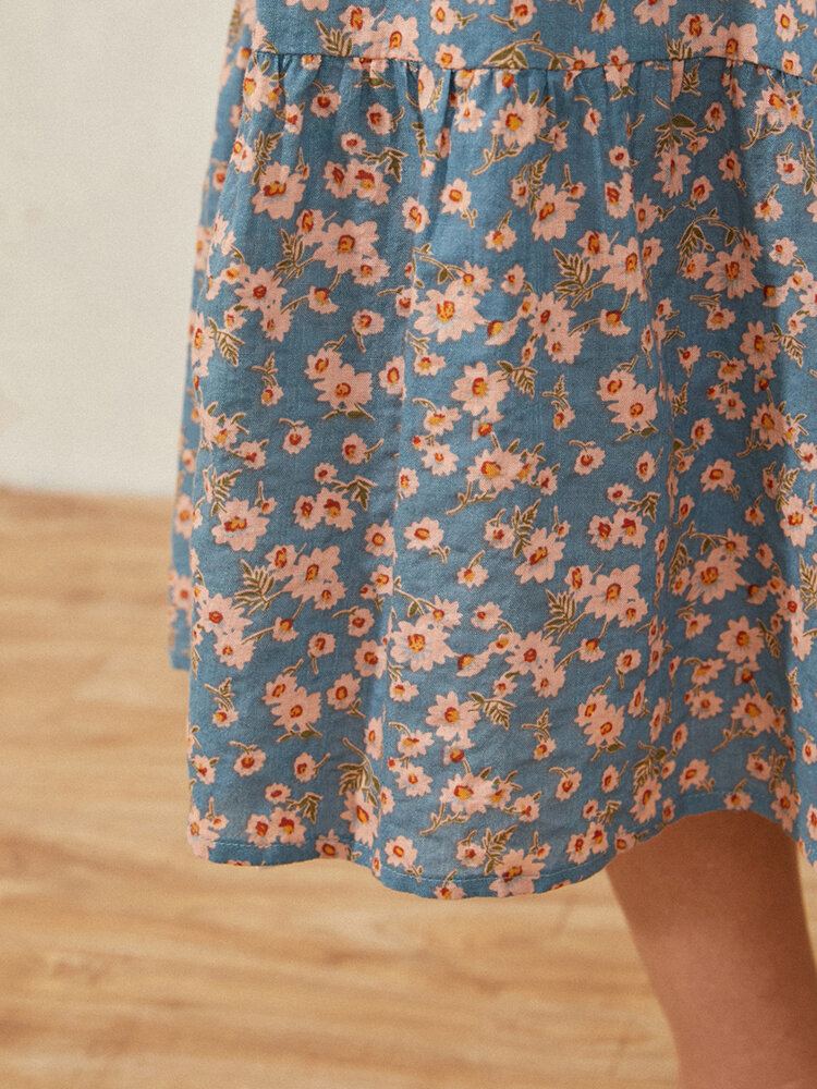 Casual Bloemenprint Patchwork O-hals Korte Mouw Geplooide Vakantie Maxi-jurk Voor Dames