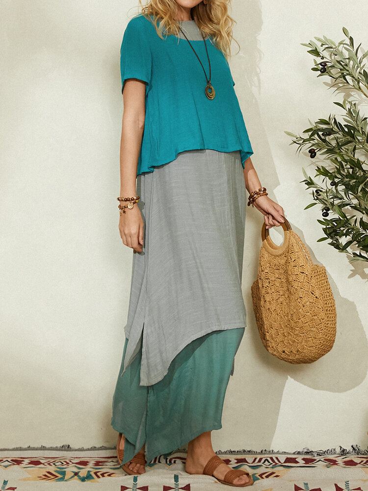 Contrastkleurige Gelaagde Tweedelige Set Onregelmatige Maxi-jurk Met Korte Mouwen Voor Dames