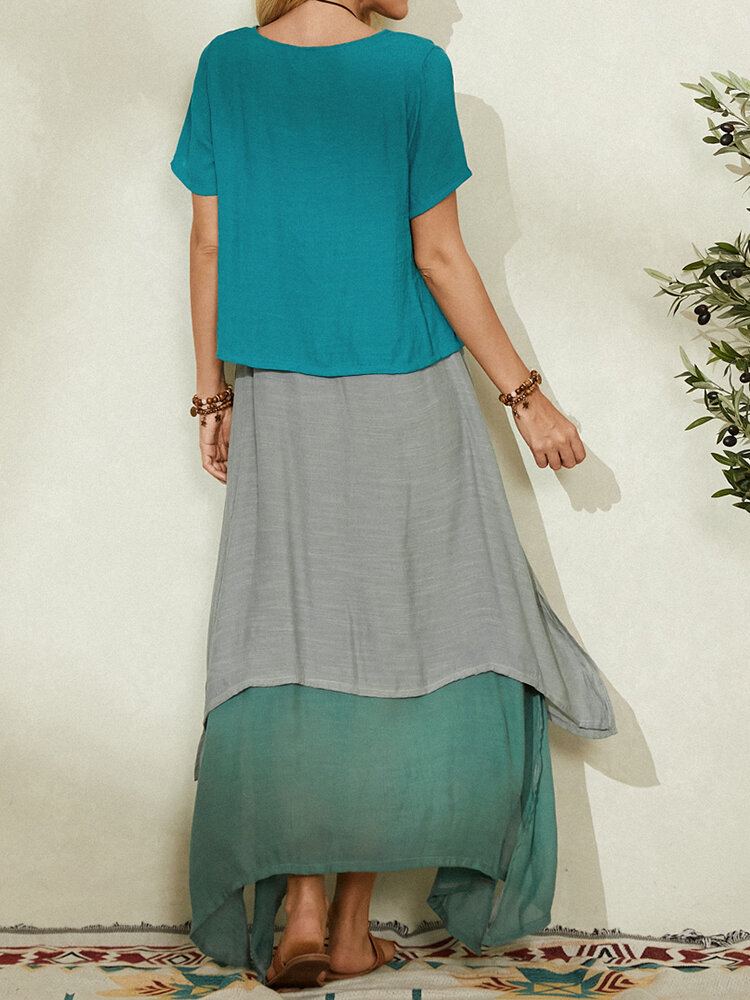 Contrastkleurige Gelaagde Tweedelige Set Onregelmatige Maxi-jurk Met Korte Mouwen Voor Dames