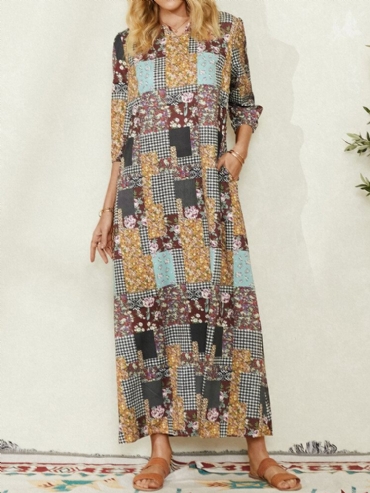 Dames Colorblock Bloemen Plaid Print Vintage Maxi Jurk Met Zak
