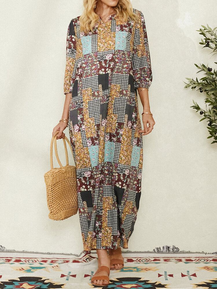 Dames Colorblock Bloemen Plaid Print Vintage Maxi Jurk Met Zak