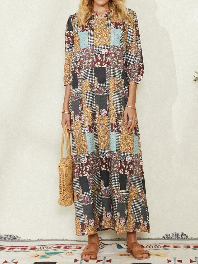 Dames Colorblock Bloemen Plaid Print Vintage Maxi Jurk Met Zak