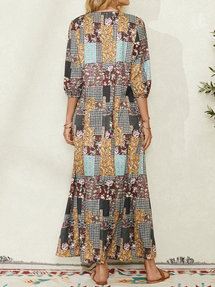 Dames Colorblock Bloemen Plaid Print Vintage Maxi Jurk Met Zak