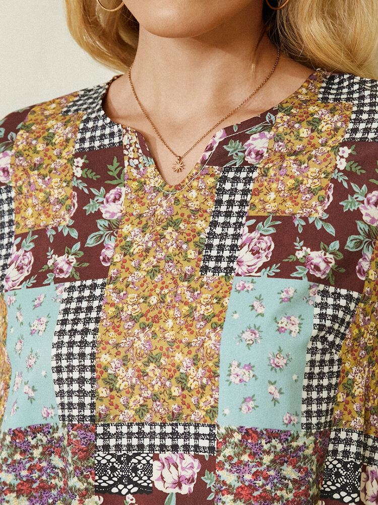 Dames Colorblock Bloemen Plaid Print Vintage Maxi Jurk Met Zak