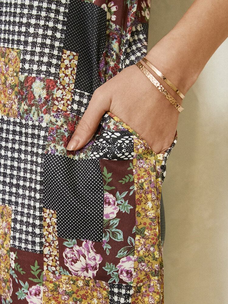 Dames Colorblock Bloemen Plaid Print Vintage Maxi Jurk Met Zak