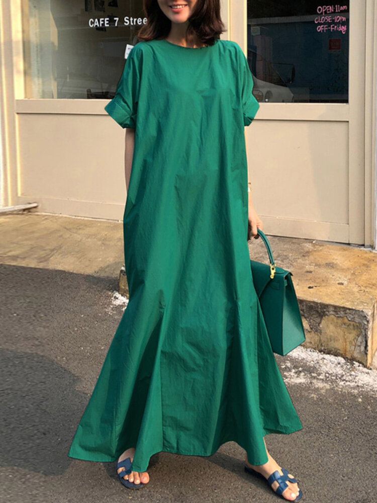 Dames Katoenen O-hals Zijzak Knoop Korte Mouw Effen Effen Casual Maxi Jurk