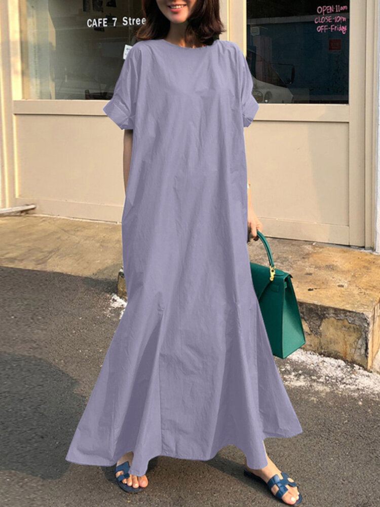 Dames Katoenen O-hals Zijzak Knoop Korte Mouw Effen Effen Casual Maxi Jurk