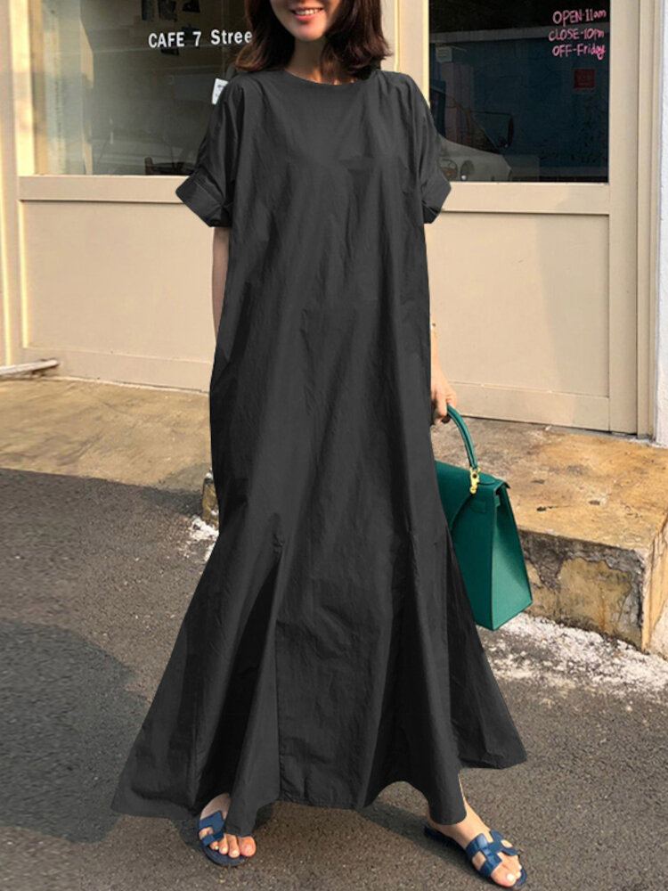 Dames Katoenen O-hals Zijzak Knoop Korte Mouw Effen Effen Casual Maxi Jurk