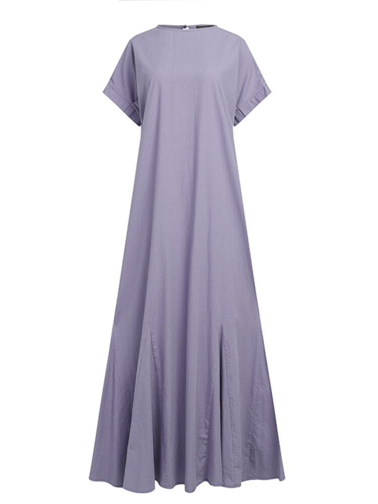 Dames Katoenen O-hals Zijzak Knoop Korte Mouw Effen Effen Casual Maxi Jurk