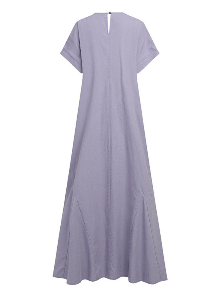 Dames Katoenen O-hals Zijzak Knoop Korte Mouw Effen Effen Casual Maxi Jurk