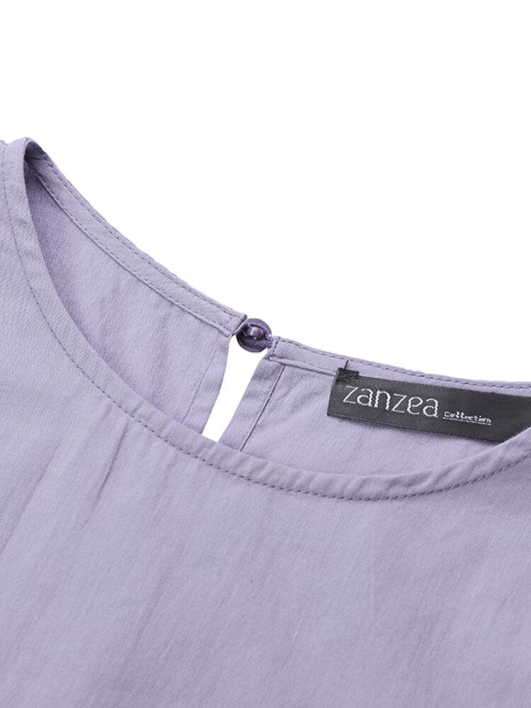 Dames Katoenen O-hals Zijzak Knoop Korte Mouw Effen Effen Casual Maxi Jurk