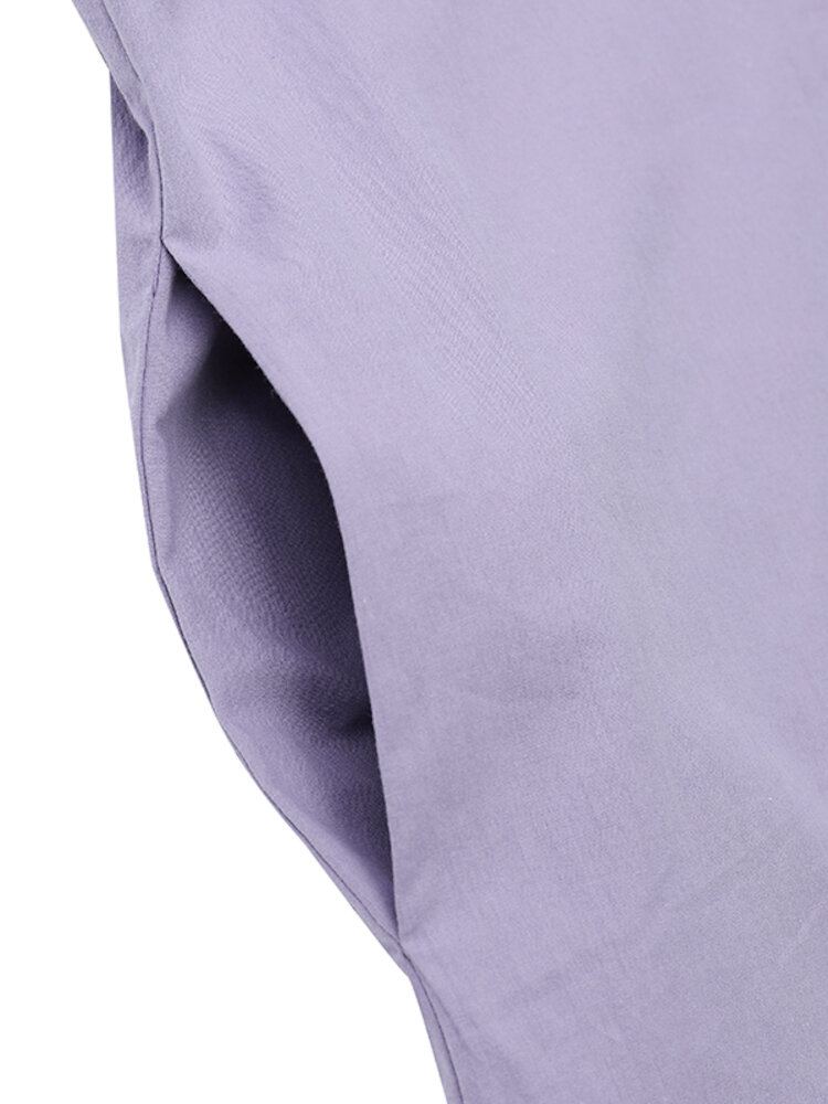 Dames Katoenen O-hals Zijzak Knoop Korte Mouw Effen Effen Casual Maxi Jurk