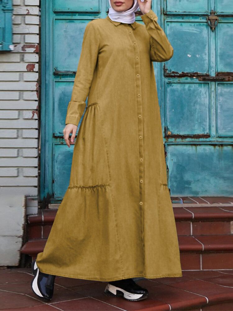 Effen Kleur Retro Button Up Revers Lange Mouwen Casual Moslim Jurk Abaya Kaftan Voor Vrouwen