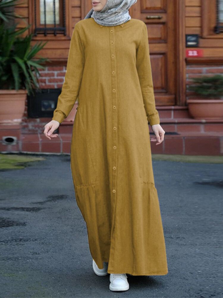 Effen Kleur Retro Button Up Revers Lange Mouwen Casual Moslim Jurk Abaya Kaftan Voor Vrouwen