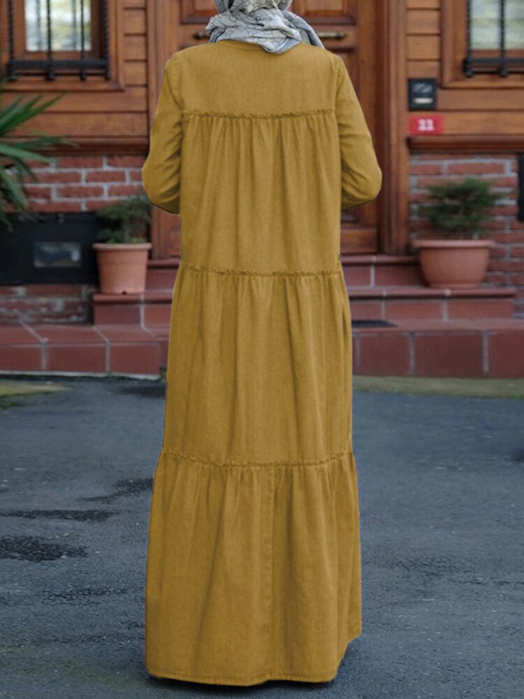Effen Kleur Retro Button Up Revers Lange Mouwen Casual Moslim Jurk Abaya Kaftan Voor Vrouwen