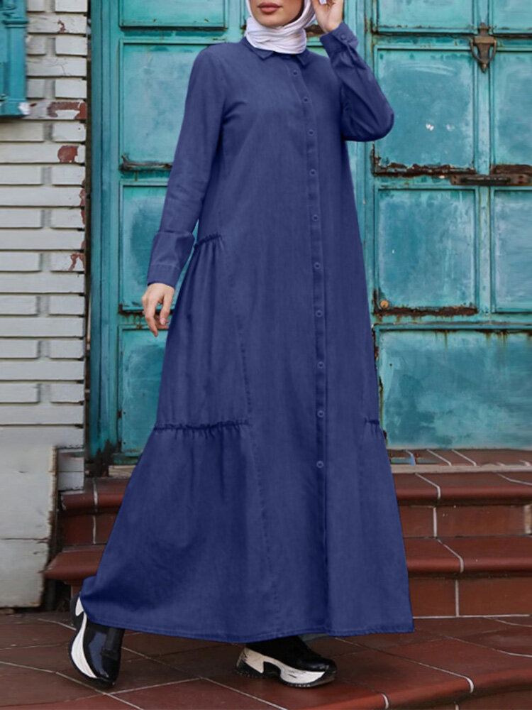 Effen Kleur Retro Button Up Revers Lange Mouwen Casual Moslim Jurk Abaya Kaftan Voor Vrouwen