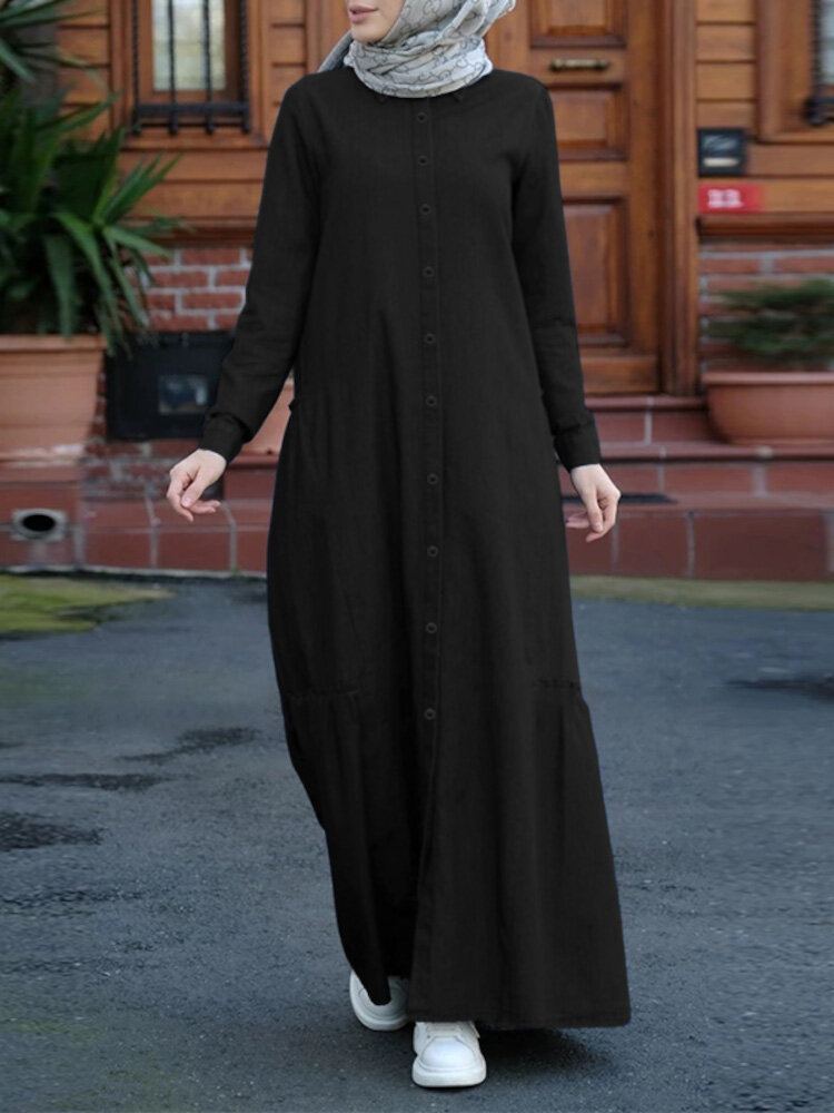 Effen Kleur Retro Button Up Revers Lange Mouwen Casual Moslim Jurk Abaya Kaftan Voor Vrouwen