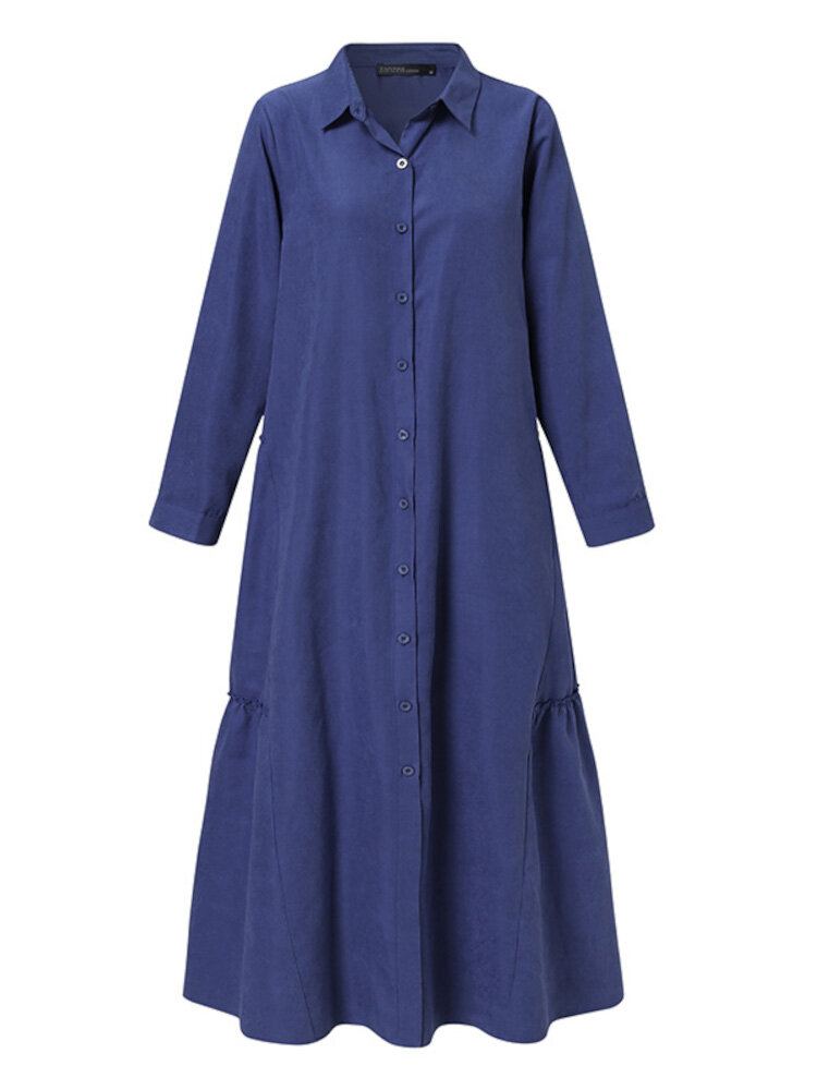 Effen Kleur Retro Button Up Revers Lange Mouwen Casual Moslim Jurk Abaya Kaftan Voor Vrouwen