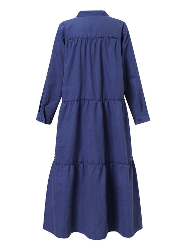 Effen Kleur Retro Button Up Revers Lange Mouwen Casual Moslim Jurk Abaya Kaftan Voor Vrouwen